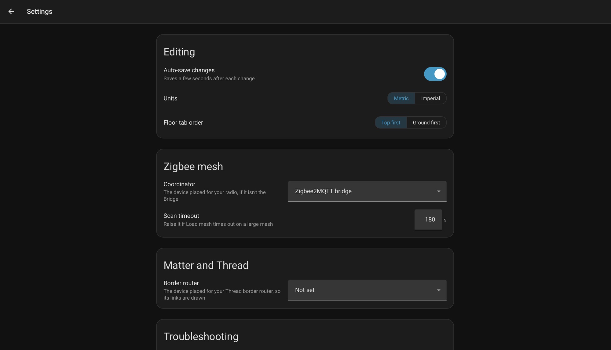 The Settings page: Editing, Zigbee mesh, and Matter and Thread, with Troubleshooting and About below