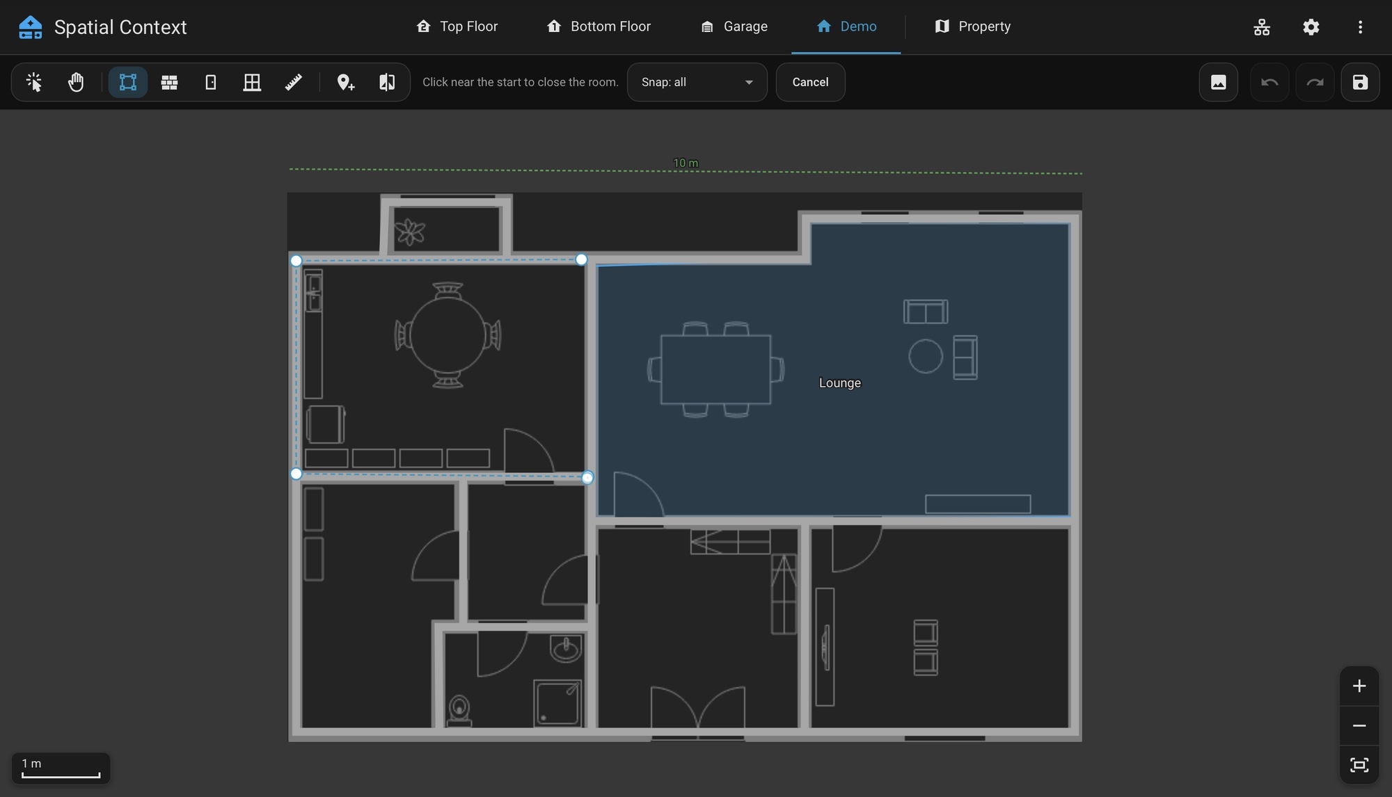 Tracing a room: the hint "Click near the start to close the room", the Snap menu and Cancel in the controls row, and the corners placed so far
