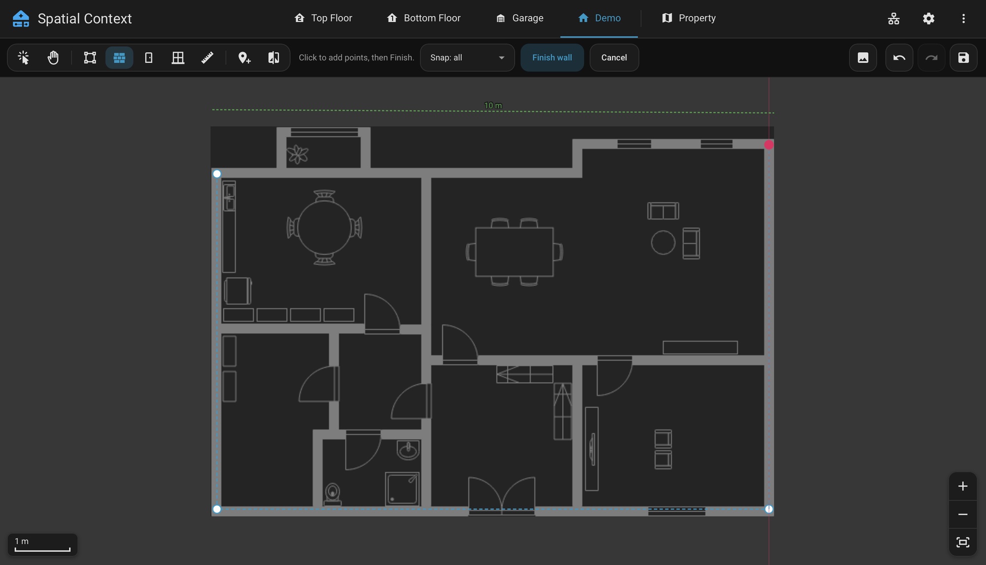 Tracing a wall: the hint, the Snap menu, and the Finish wall and Cancel buttons in the controls row, and a guide line where the next point lines up